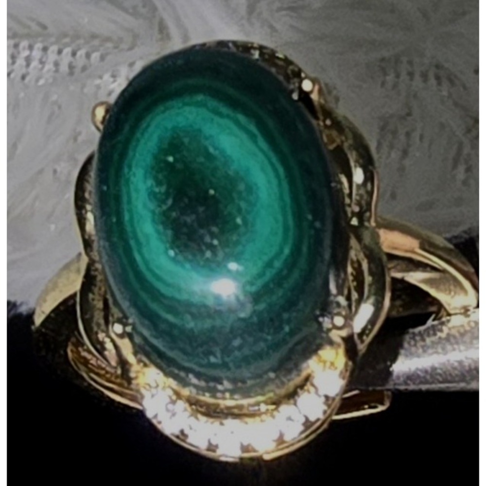 New Malachite Cabochon White Rhinestone Statement Ring Sz Adjustable